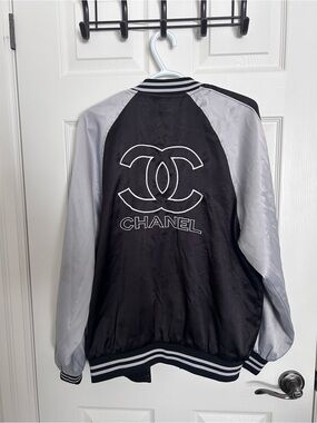 Chanel-Inspired Black and Light Gray Satin Bomber Jacket